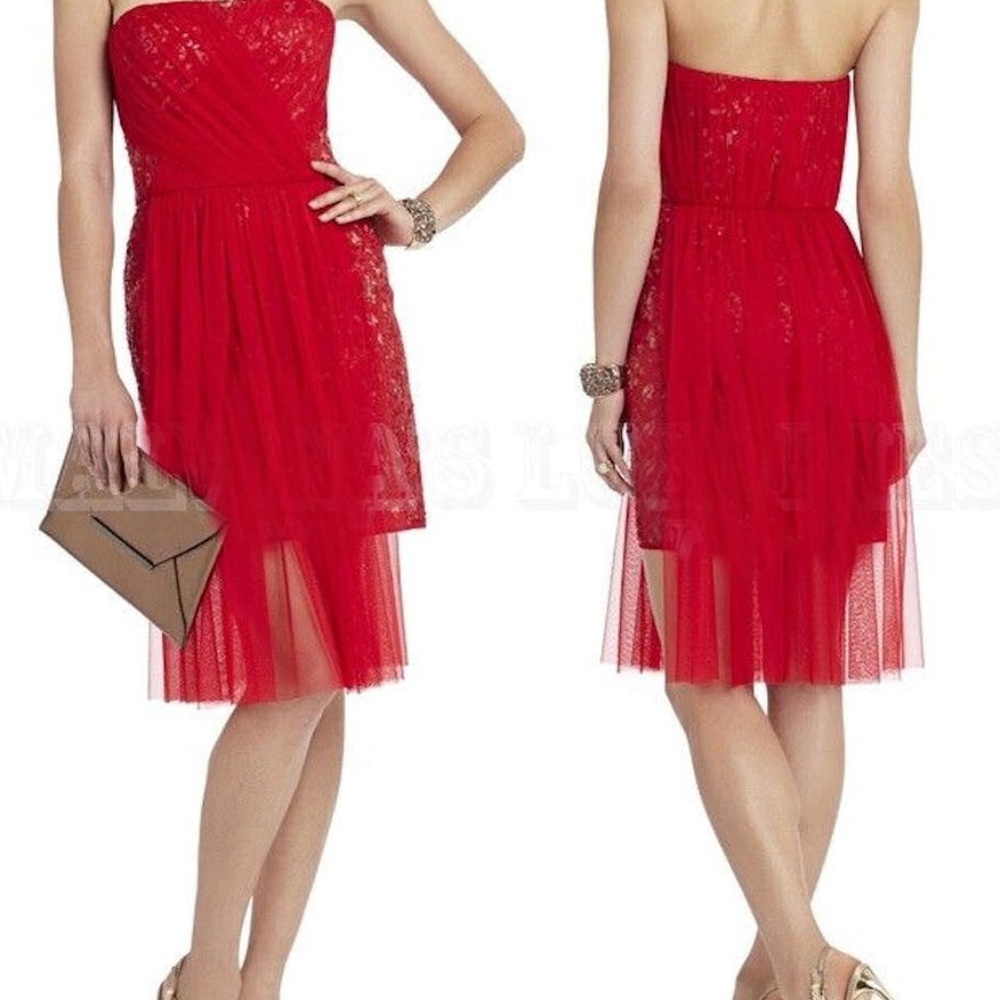 NEW BCBG MAXAZRIA DRESS RED SEQUIN STRAPLESS TULLE